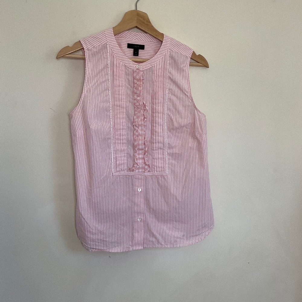 J.CREW WOMEN'S SIZE 4 PINK AND WHITE SLEEVELESS BUTTON UP STRIPED BLOUSE